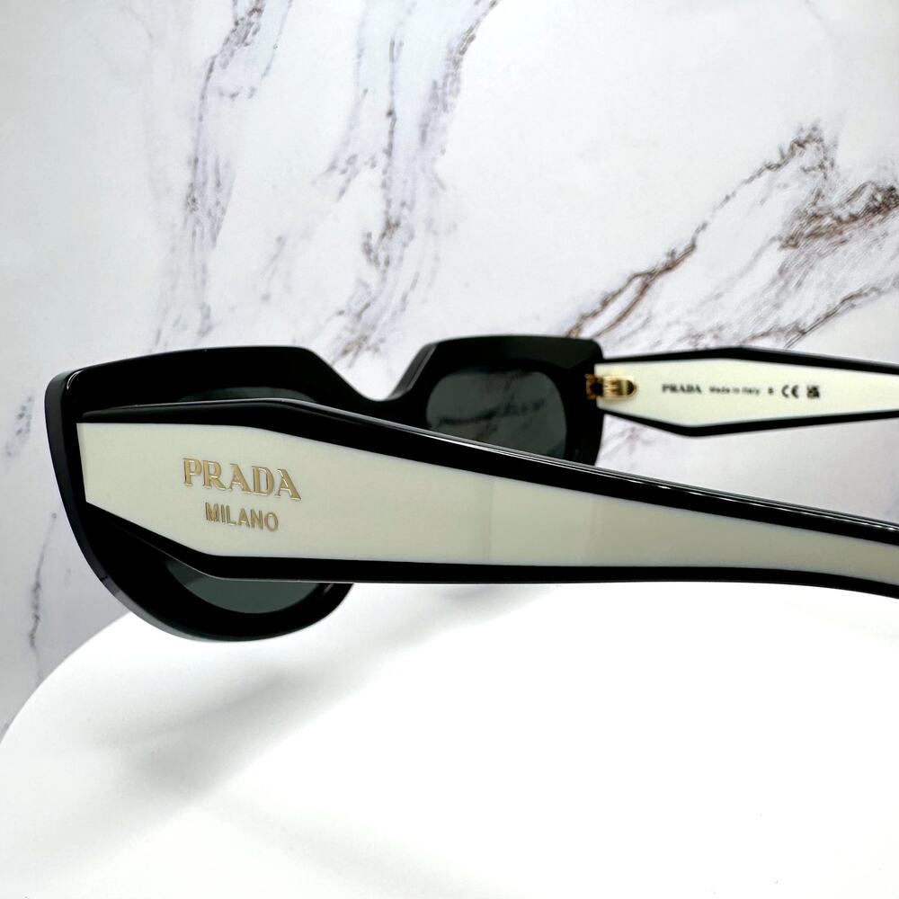 New PRADA Sunglasses Black White Talc Gold Symbole Oval Cat Eye Womens - Picture 4 of 16